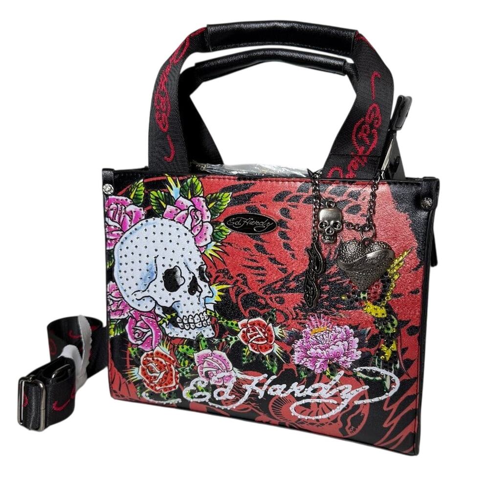 Y2K inspired Ed Hardy Skull Roses Rhinestone Crossbody Satchel mini Tote Black